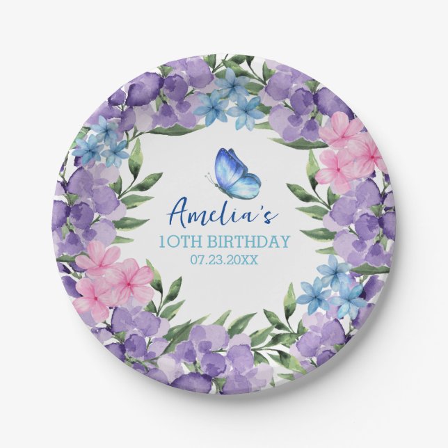 Pink Floral Butterfly Girl Birthday tableware Paper Plates (Front)