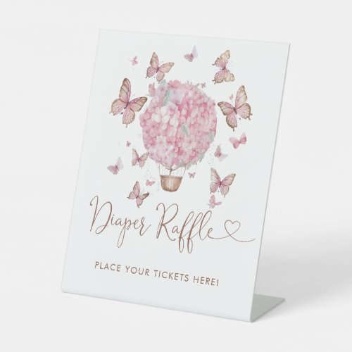 Pink Floral Butterfly Girl Diaper Raffle Ticket Pedestal Sign