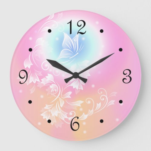 Pink Floral Butterfly Girly Numbers Large Clock
