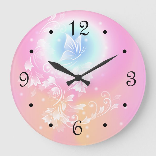 Pink Floral Butterfly Girly Numbers Large Clock (Front)