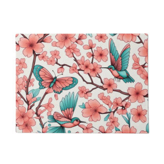 Pink Floral Butterfly Hummingbirds Doormat