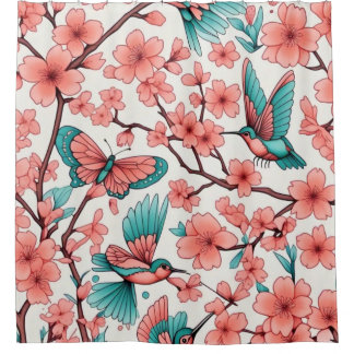 Pink Floral Butterfly Hummingbirds Shower Curtain