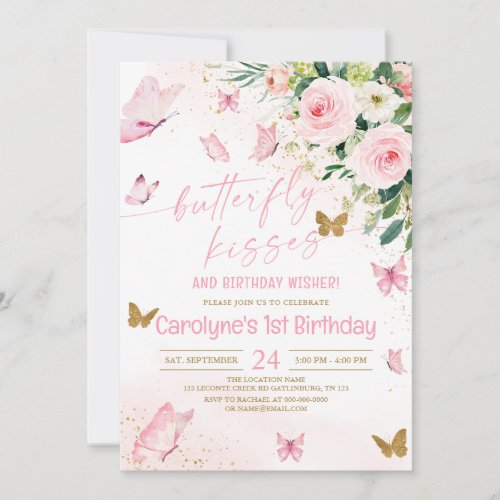 Pink Floral Butterfly Kisses and Birthday Wishes Invitation