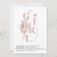 Pink floral butterfly minimalist Girl Baby Shower Invitation