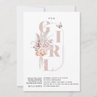 Pink floral butterfly minimalist Girl Baby Shower Invitation