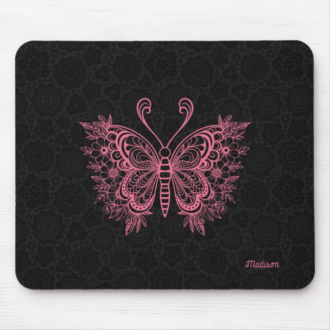 Pink floral butterfly on black mouse pad (Front)