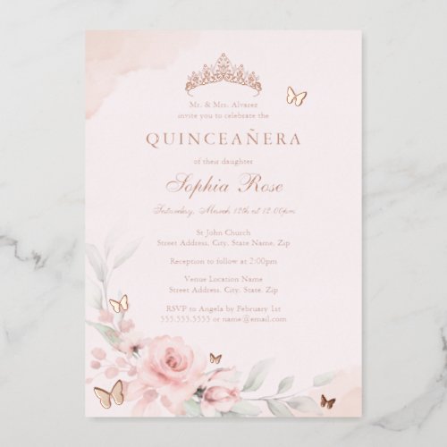 Pink Floral Butterfly Rose Gold Quinceanera 15th Foil Invitation