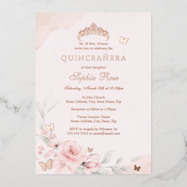Pink Floral Butterfly Rose Gold Quinceanera 15th Foil Invitation (Front)