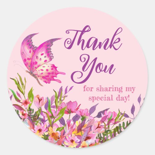 Pink Floral Butterfly Thank You Sticker