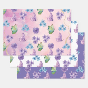 Pink Floral Butterfly Wrapping Paper Sheets