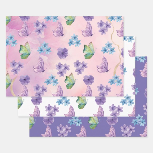 Pink Floral Butterfly  Wrapping Paper Sheets (Set)