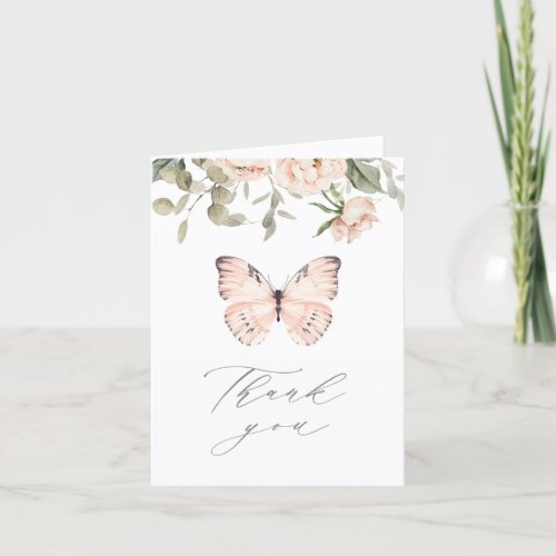 Pink Floral Butterly Girl Birthday Party Thank You Card