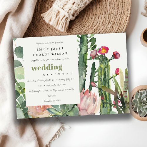 PINK FLORAL CACTI FOLIAGE WATERCOLOR WEDDING INVITATION