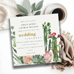 PINK FLORAL CACTI FOLIAGE WATERCOLOR WEDDING INVITATION