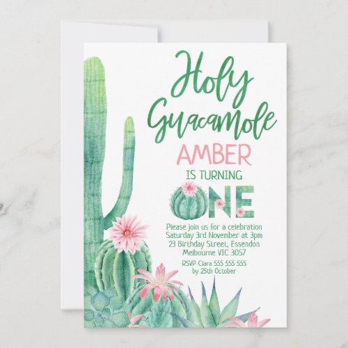Pink Floral Cactus Holy Guacamole 1st Birthday Invitation