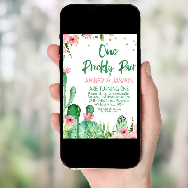 Pink Floral Cactus One Prickly Pair Birthday Invitation (Front Digital)