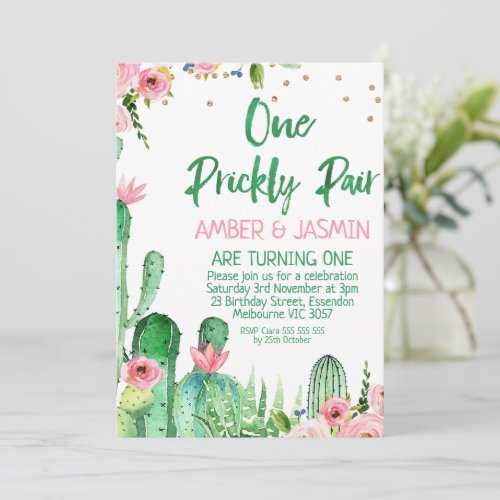 Pink Floral Cactus One Prickly Pair Birthday Invitation