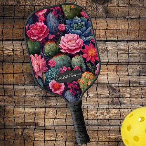Pink Floral Cactus Personalized   Pickleball Paddle