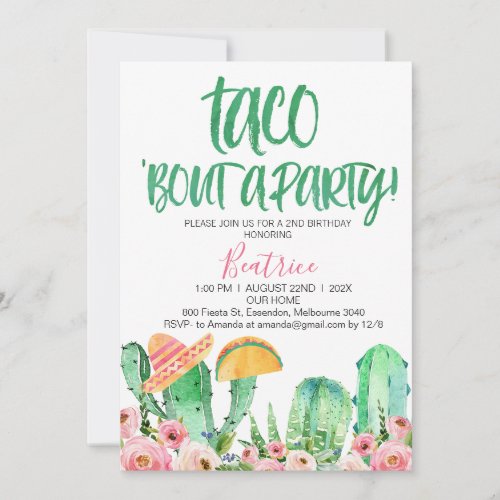 Pink Floral Cactus Taco Bout A Party Birthday Invitation