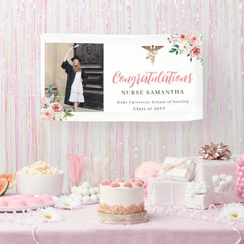 Pink Floral Caduseus Congratulations Nurse Photo  Banner