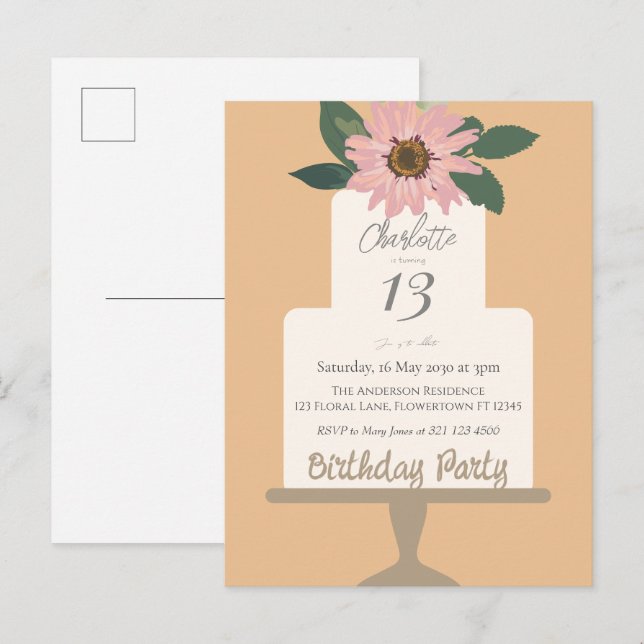 Pink Floral Cake Birthday Party  Postcard (Front/Back)