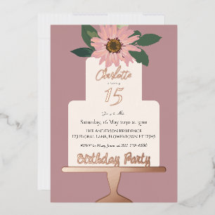 Pink Floral Cake Birthday Party Rose Gold Foil Invitation