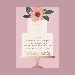 Pink Floral Cake Birthday Party Silver Foil Invitation