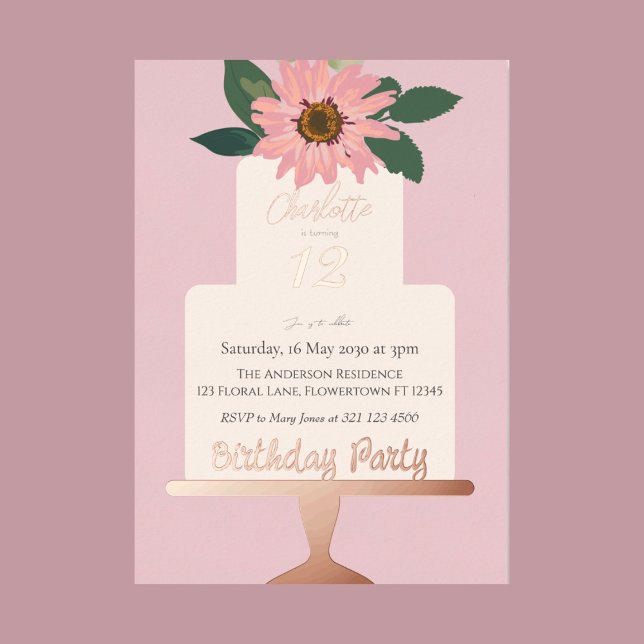 Pink Floral Cake Birthday Party Silver  Foil Invitation (Creator Uploaded)