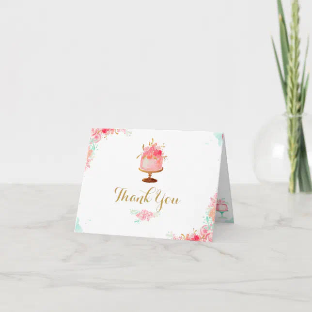 Pink Floral Cake Bridal Shower Thank You Card | Zazzle
