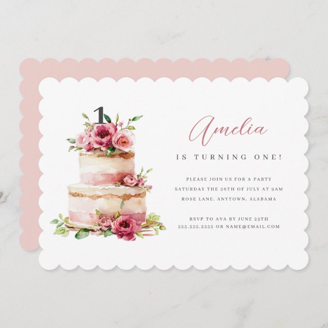 Pink Floral Cake First Birthday Party Invitation (Front/Back)