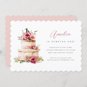 Pink Floral Cake First Birthday Party Invitation