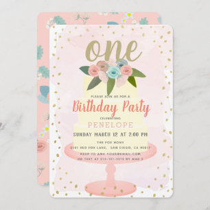 Pink Floral Cake Girl 1st Birthday Invitation