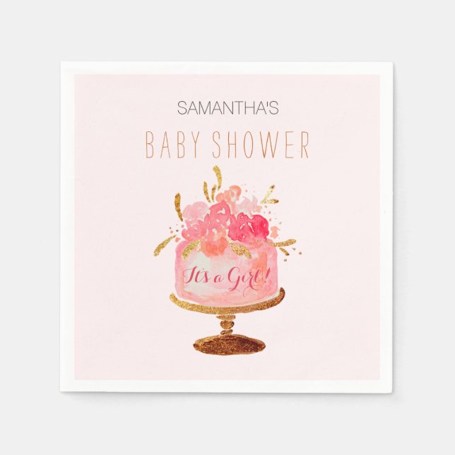 Pink Floral Cake Its a Girl Baby Shower Napkins (Front)