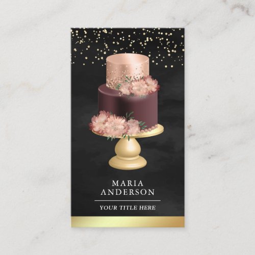 Pink Floral Cake Pastry Chef Black Gold Bakery Business Card