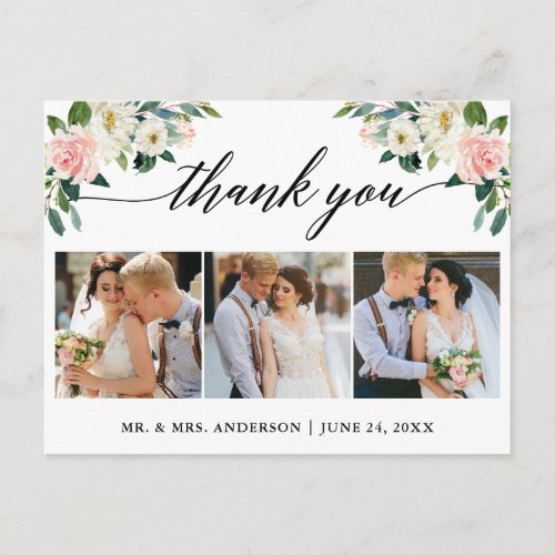 Pink Floral Calligraphy 3 Photo Wedding Thank You Postcard