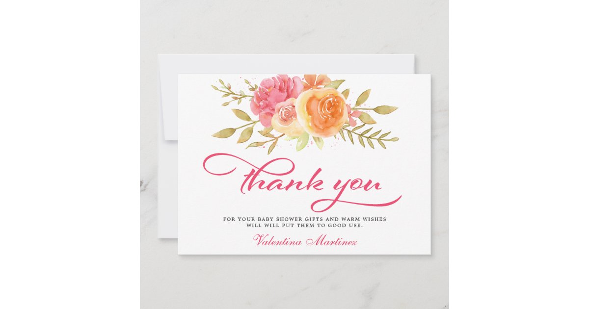 Pink Floral Calligraphy Baby Shower Thank You Card | Zazzle