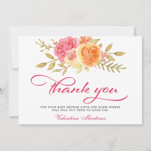 Pink Floral Calligraphy Baby Shower Thank You Card