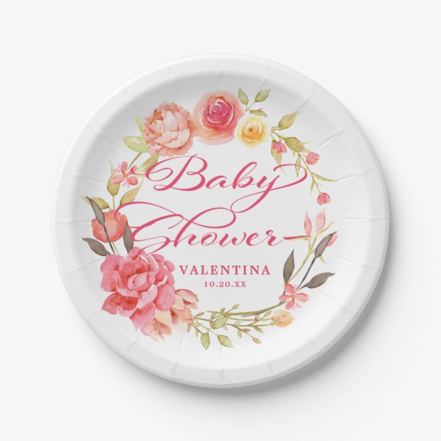 Pink Floral Calligraphy Girly Baby Shower Paper Plates (Front)