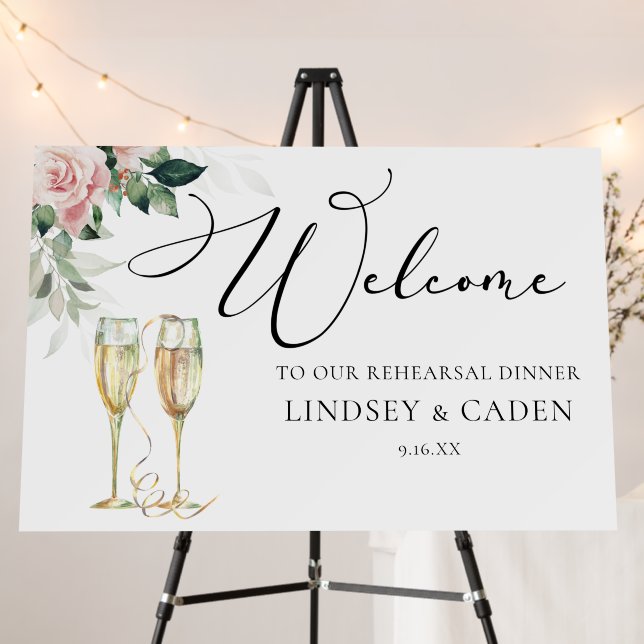 Pink Floral Calligraphy Rehearsal Dinner Welcome Foam Board (In Situ (Stand))