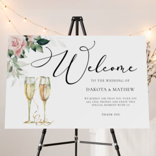 Pink Floral Calligraphy Unplugged Wedding Welcome Foam Board