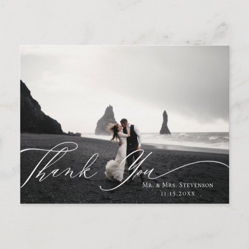 Pink Floral Calligraphy Wedding Photo Thank You Postcard