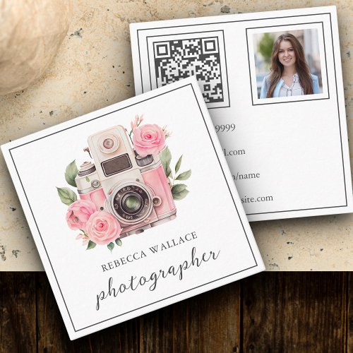 Pink Floral Camera Photo QR Code Photographer Square Business Card