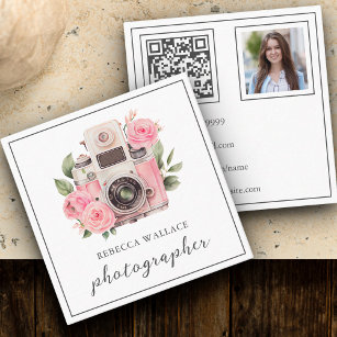 Pink Floral Camera Photo QR Code Photographer Square Business Card