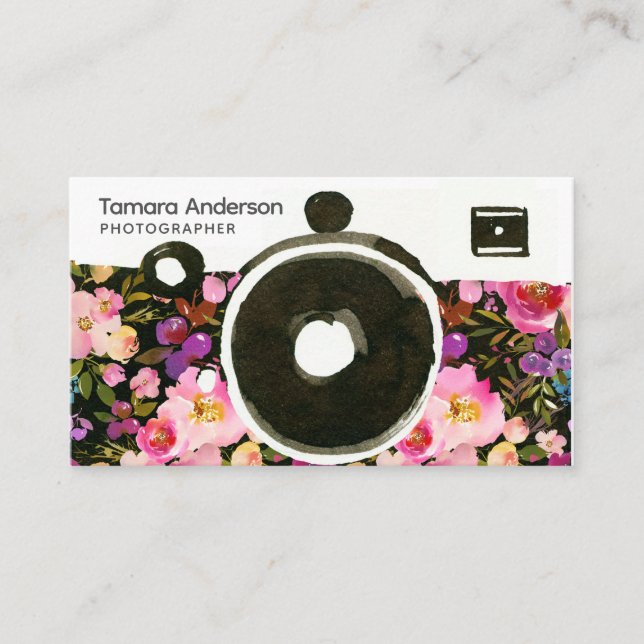 Pink Floral Camera Photographer Professional  Business Card (Front)