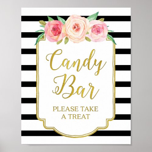 Pink Floral Candy Bar Sign Gold Black Stripes