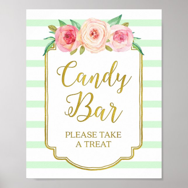 Pink Floral Candy Bar Sign Gold Mint Stripes (Front)