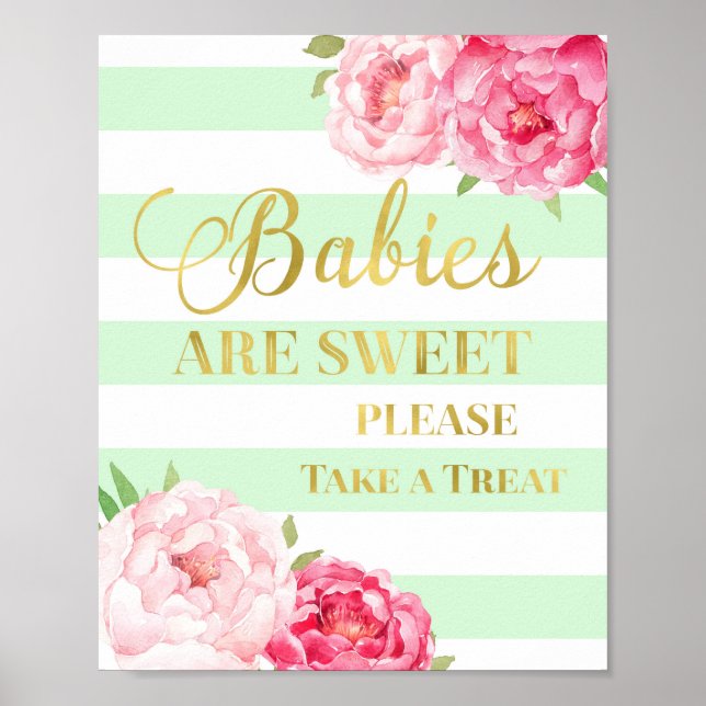 Pink Floral Candy Bar Sign Gold Mint Stripes (Front)