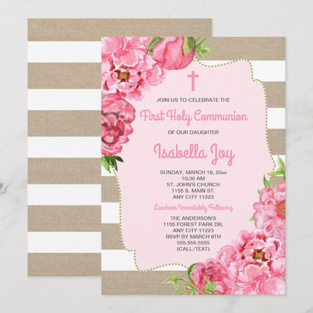 Pink Floral + canvas First Communion invite (Front/Back)