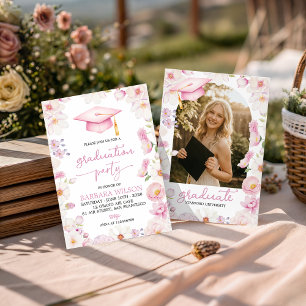 Pink Floral & Cap Graduation Invitation