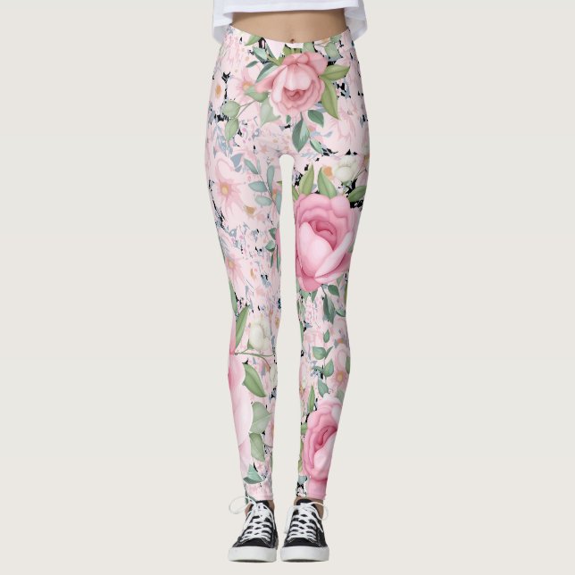 Pink Floral Capri Length Buttery Soft Leggings (Front)